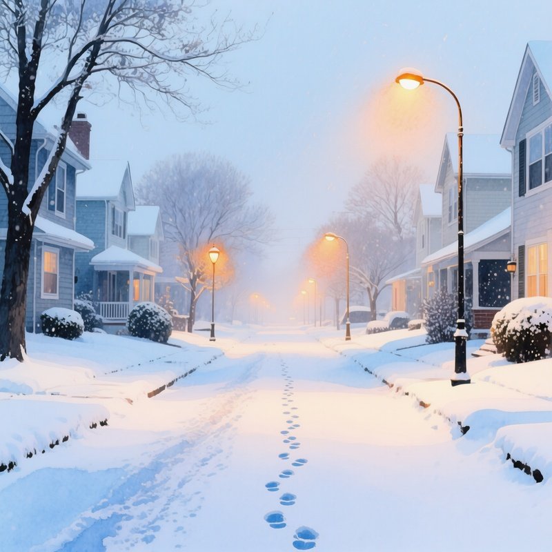 A Quiet Suburban Street After A Fresh Snowfall, Streetlights Casting Amber Halos, Watercolor Soft