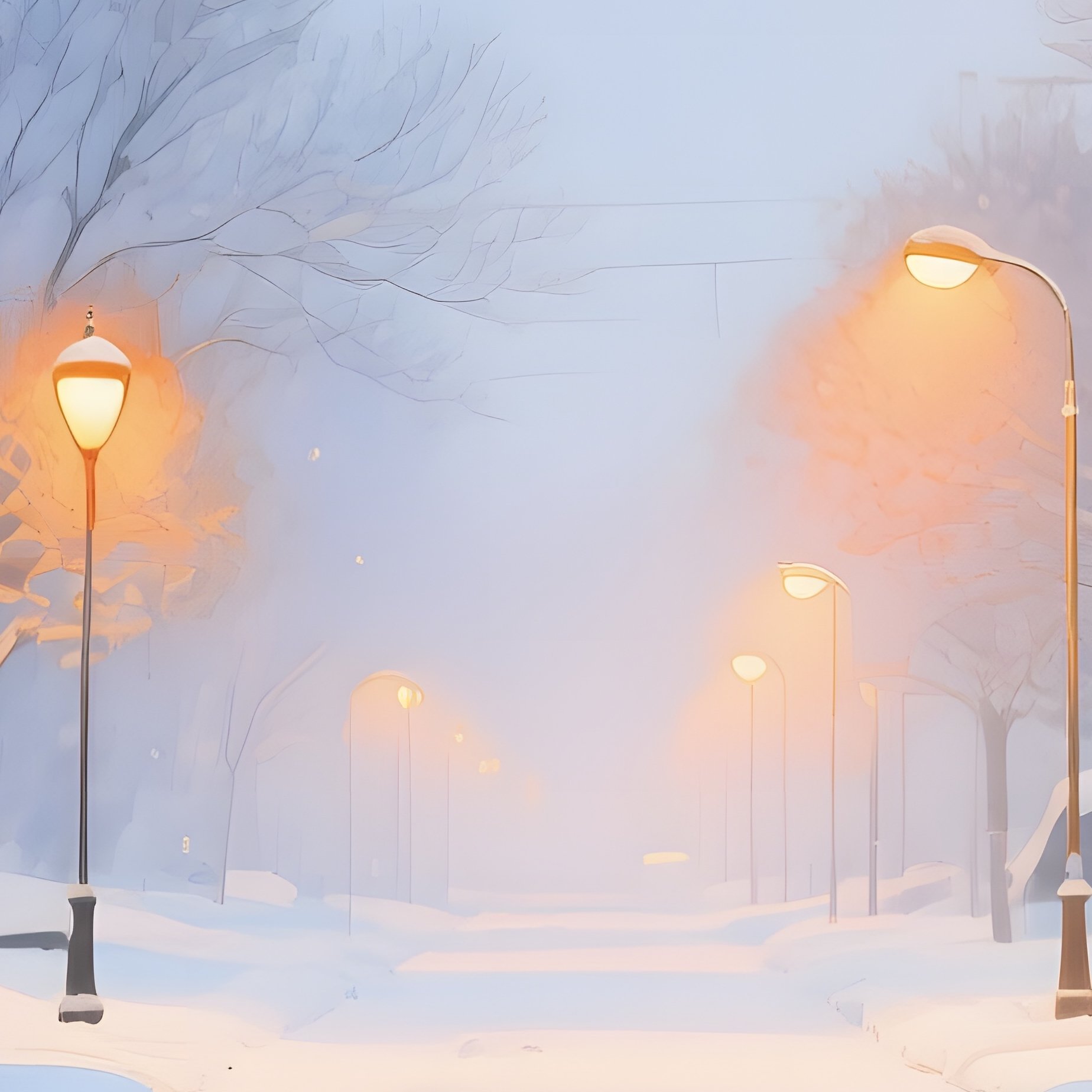 A Quiet Suburban Street After A Fresh Snowfall, Streetlights Casting Amber Halos, Watercolor Soft - Full Resolution Quality Preview