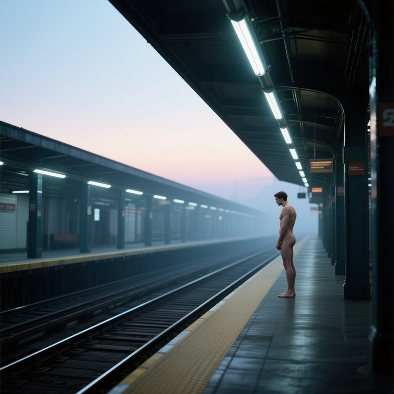 A Quiet Subway Platform At Dawn, A Lone Naked Commuter Waiting, Fluorescent Lights Casting Cool
