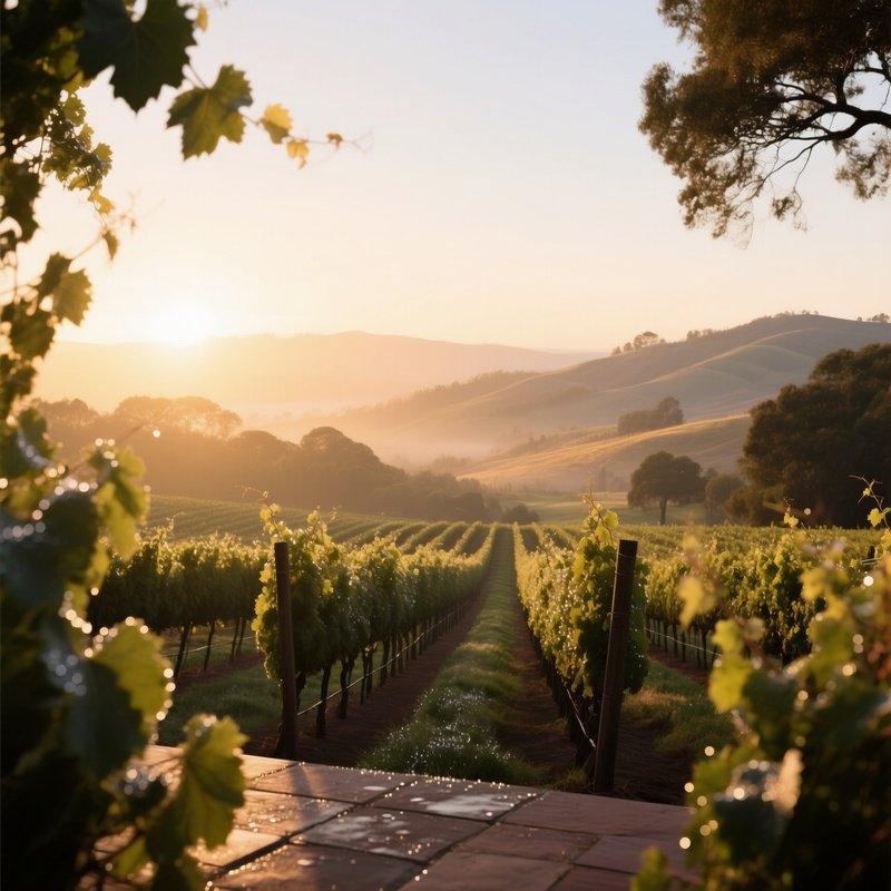 A Quiet Sunrise Over A Californian Vineyard Terrace, Rows Of Vines Glistening With Dew, Distant