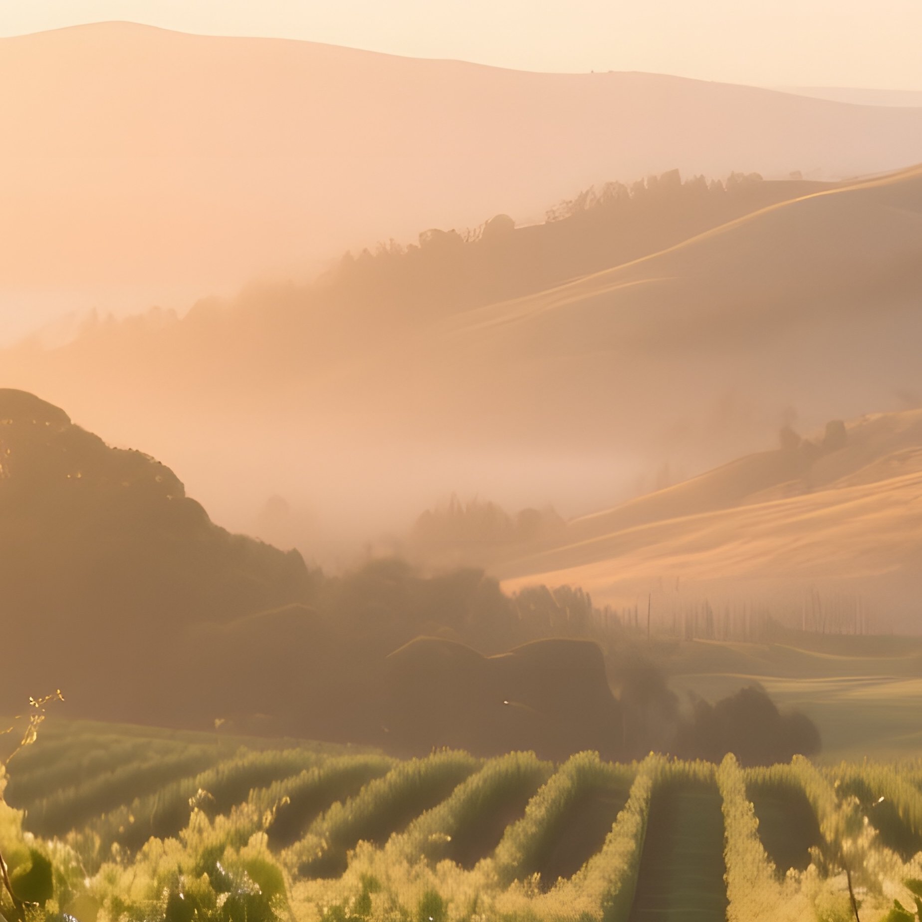 A Quiet Sunrise Over A Californian Vineyard Terrace, Rows Of Vines Glistening With Dew, Distant - Full Resolution Quality Preview