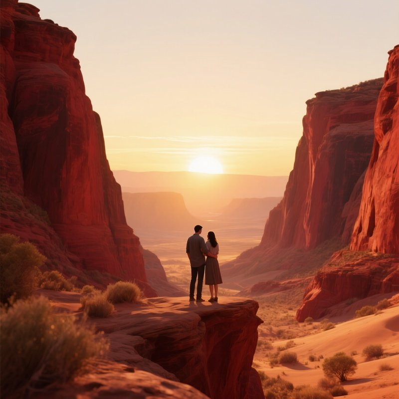 A Quiet Sunrise Over A Desert Canyon, Red Rock Walls Bathed In Gold, A Couple Stands At The Edge