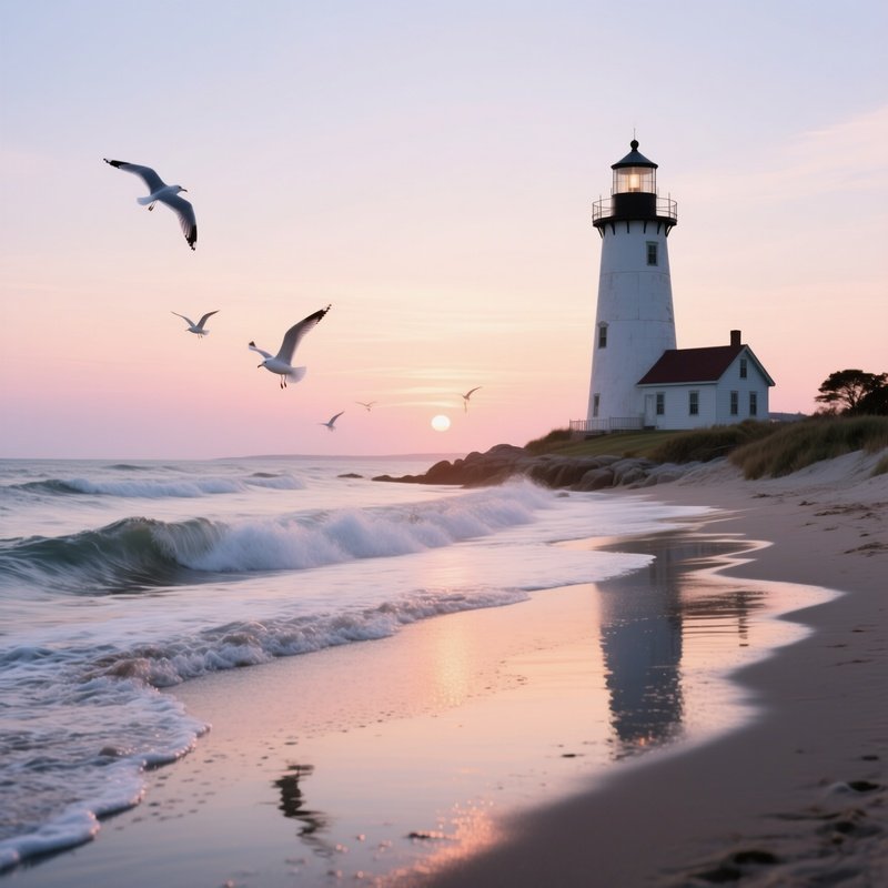 A Quiet Sunrise Over A Historic Lighthouse On Cape Cod, Waves Gently Lapping, Gulls Soaring, Pastel