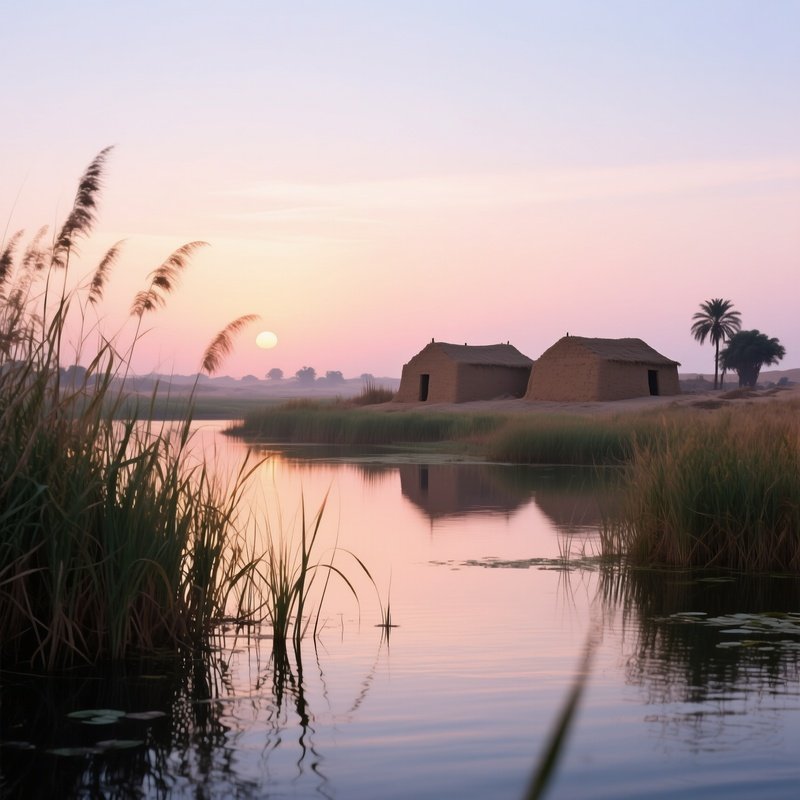A Quiet Sunrise Over A Nile Floodplain, Papyrus Reeds Swaying In Gentle Breezes, Distant