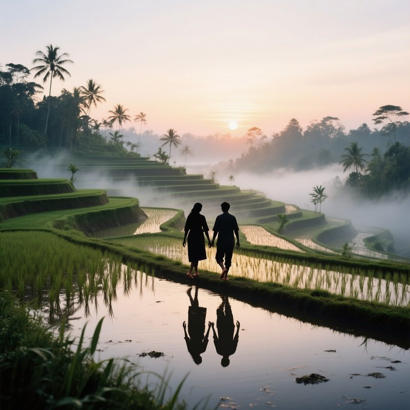 A Quiet Sunrise Over A Rice Terrace In Bali, Mist Rising From Paddies As A Couple Walks Barefoot,
