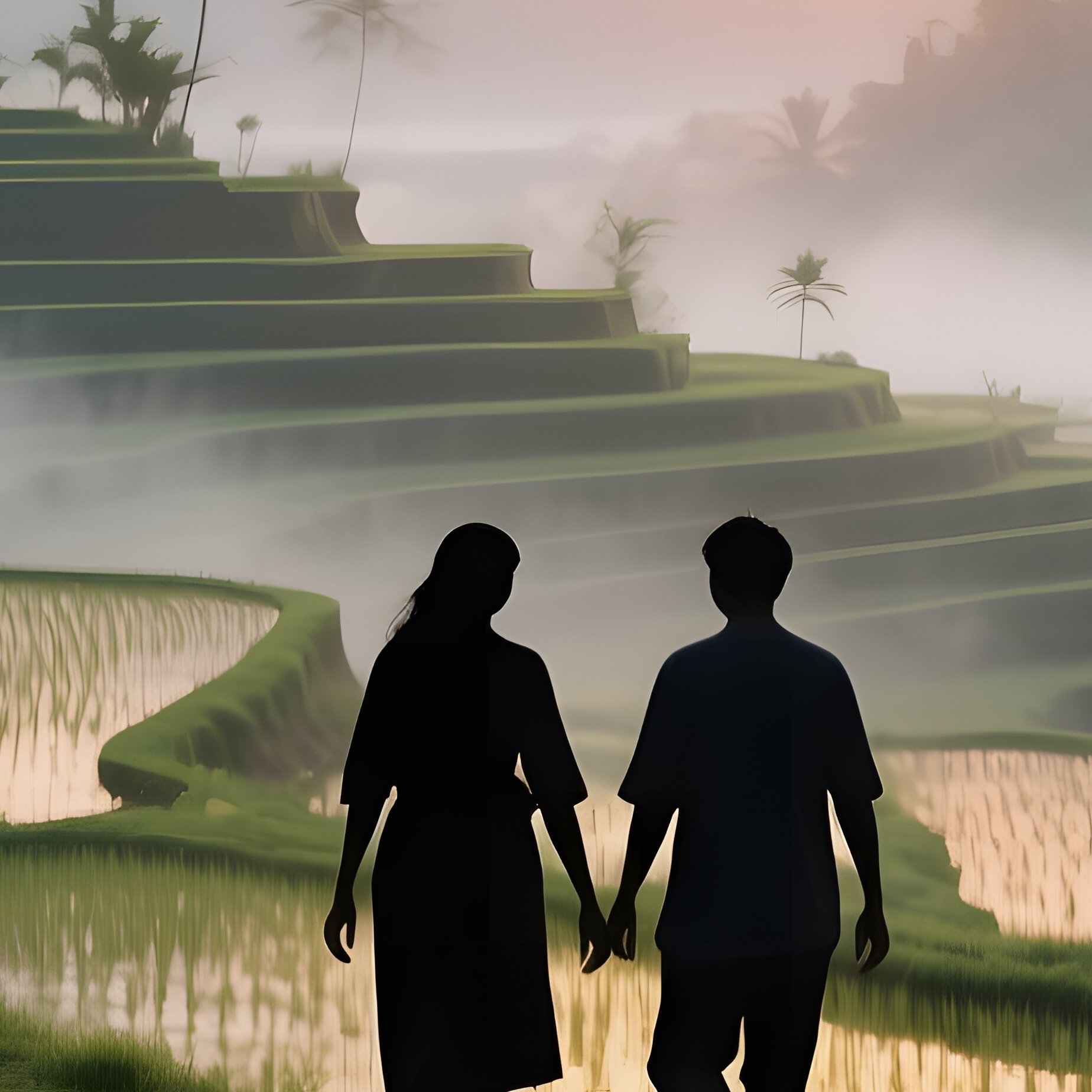 A Quiet Sunrise Over A Rice Terrace In Bali, Mist Rising From Paddies As A Couple Walks Barefoot, - Full Resolution Quality Preview