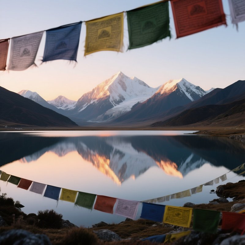 A Quiet Sunrise Over A Tibetan Plateau Lake, Reflections Of Snow Capped Peaks Shimmering, Prayer