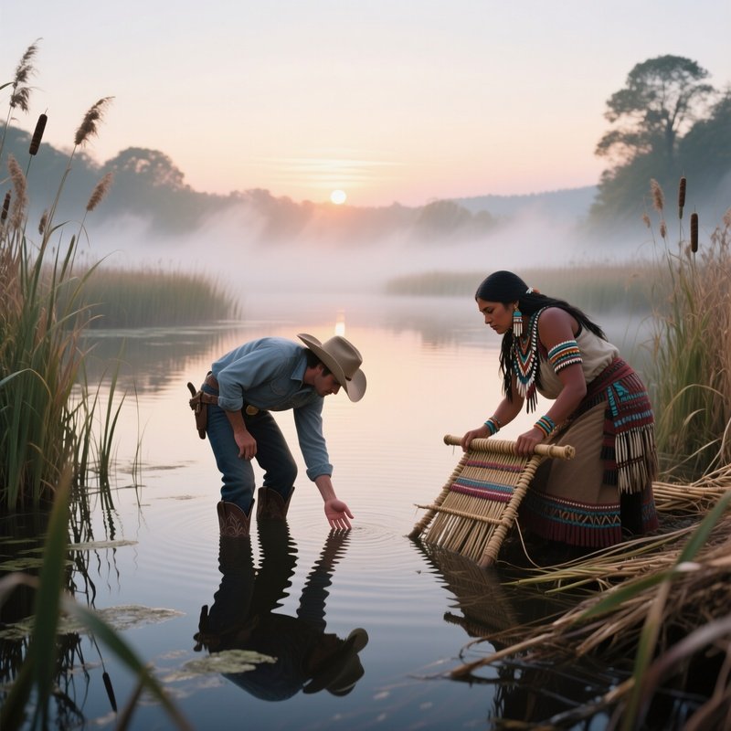 A Quiet Sunrise Over A Tranquil Pond Surrounded By Cattails, Mist Rising, A Cowboy In Boots Dips