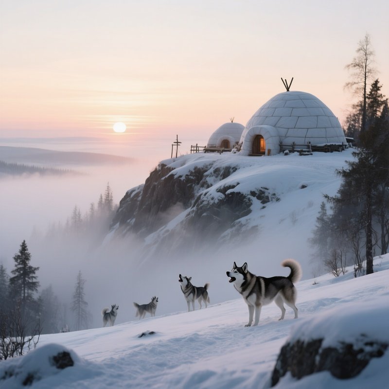 A Quiet Sunrise Over An Igloo Village Perched On A Hill, Mist Rising From The Snow Covered Ground,