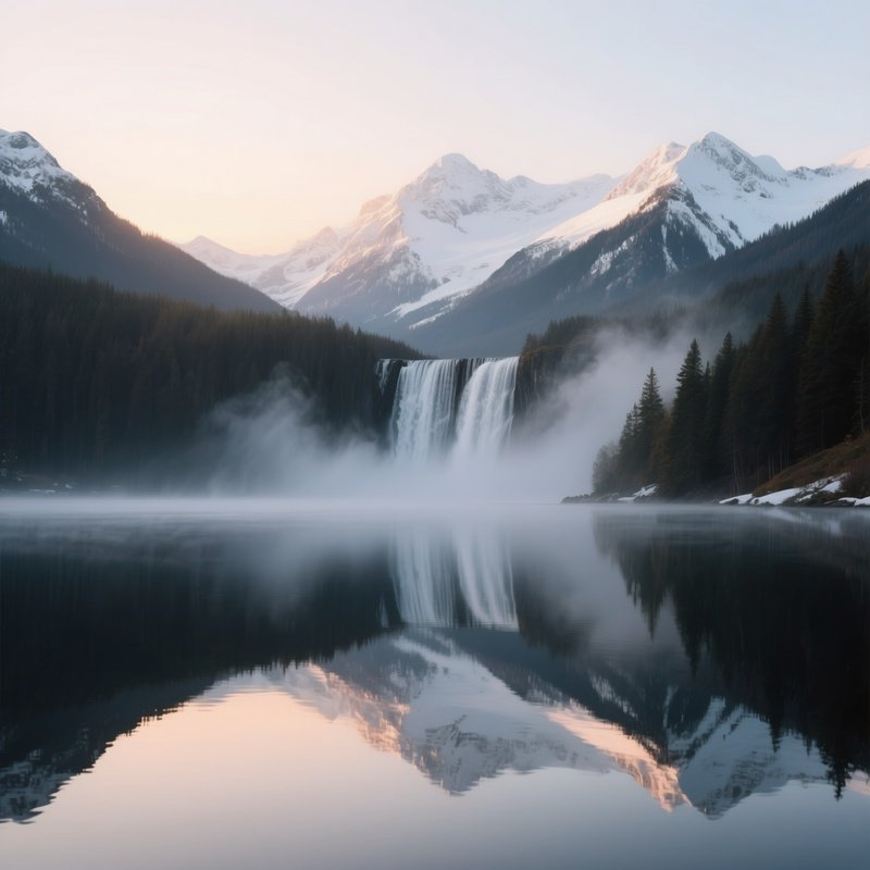 A Quiet Sunrise Where Mist From A Waterfall Rises Over A Calm Lake, Mirrored Reflections Of