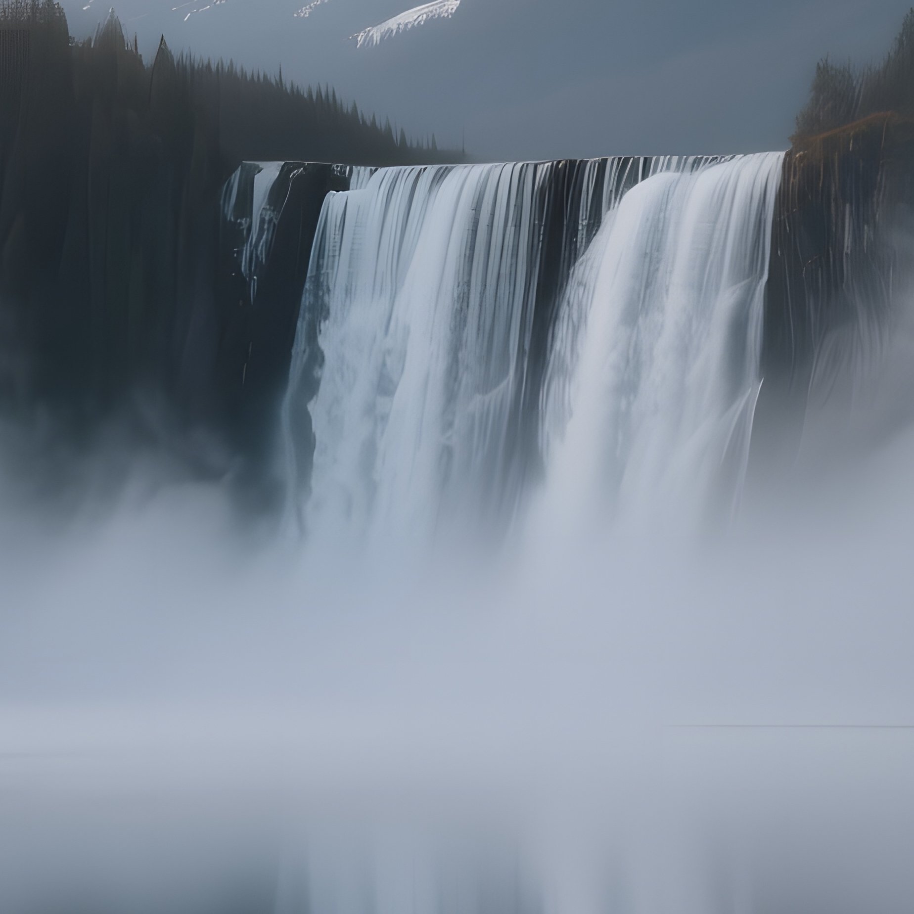 A Quiet Sunrise Where Mist From A Waterfall Rises Over A Calm Lake, Mirrored Reflections Of - Full Resolution Quality Preview