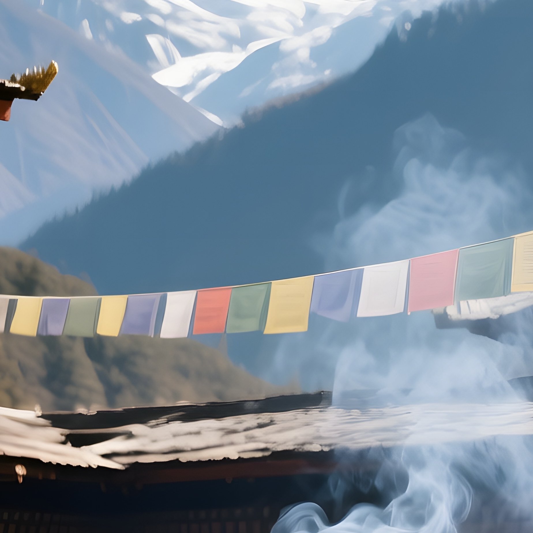 A Quiet Temple Courtyard In Bhutan, Prayer Flags Fluttering Against A Backdrop Of Snow Capped - Full Resolution Quality Preview