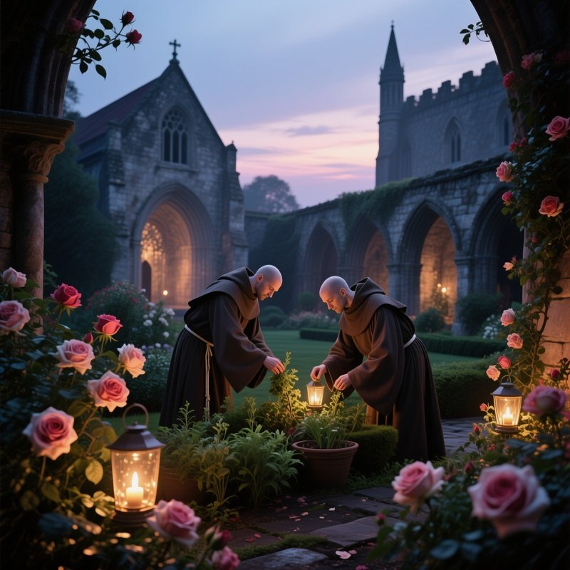 A Quiet Twilight Over A Medieval Monastery Garden, Monks Tending Herbs, Soft Lanterns Glowing Among