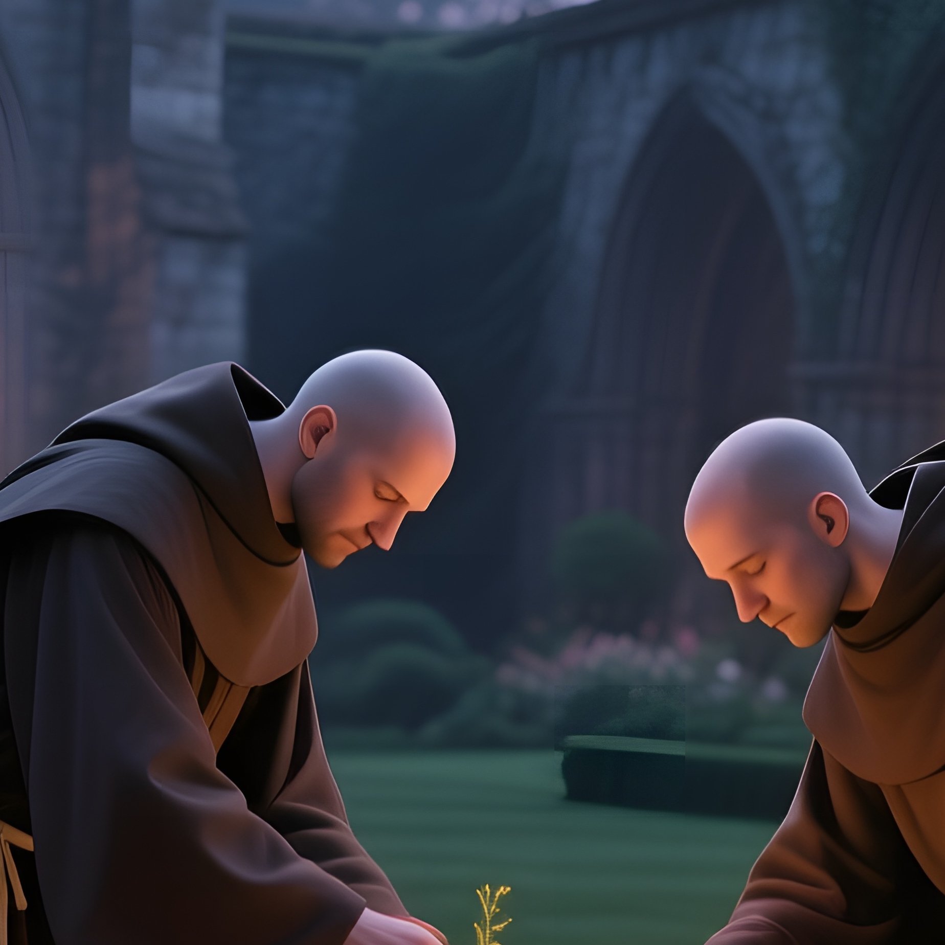 A Quiet Twilight Over A Medieval Monastery Garden, Monks Tending Herbs, Soft Lanterns Glowing Among - Full Resolution Quality Preview