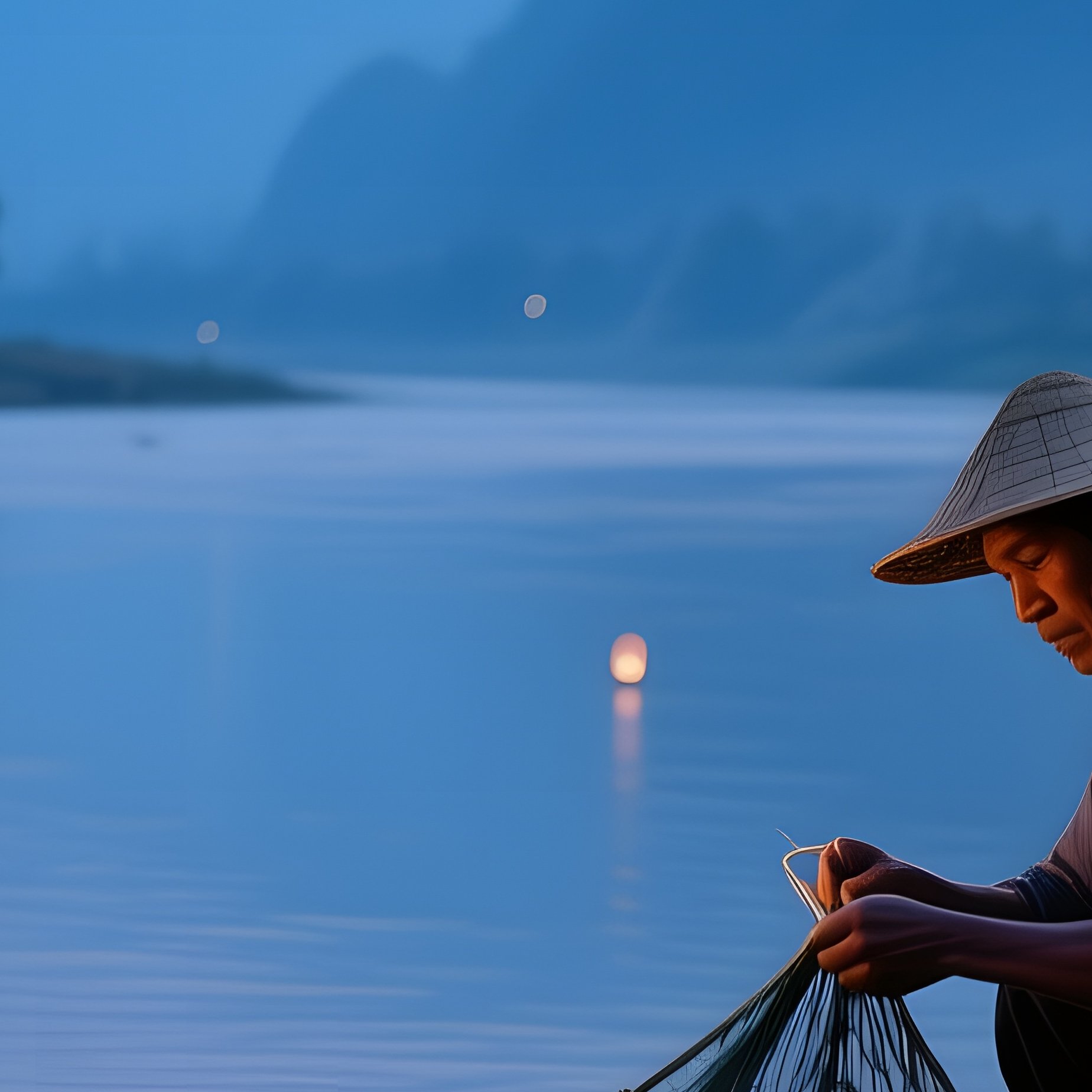 A Quiet Twilight Scene On The Banks Of The Mekong River, Lanterns Floating Downstream, Fishermen - Full Resolution Quality Preview