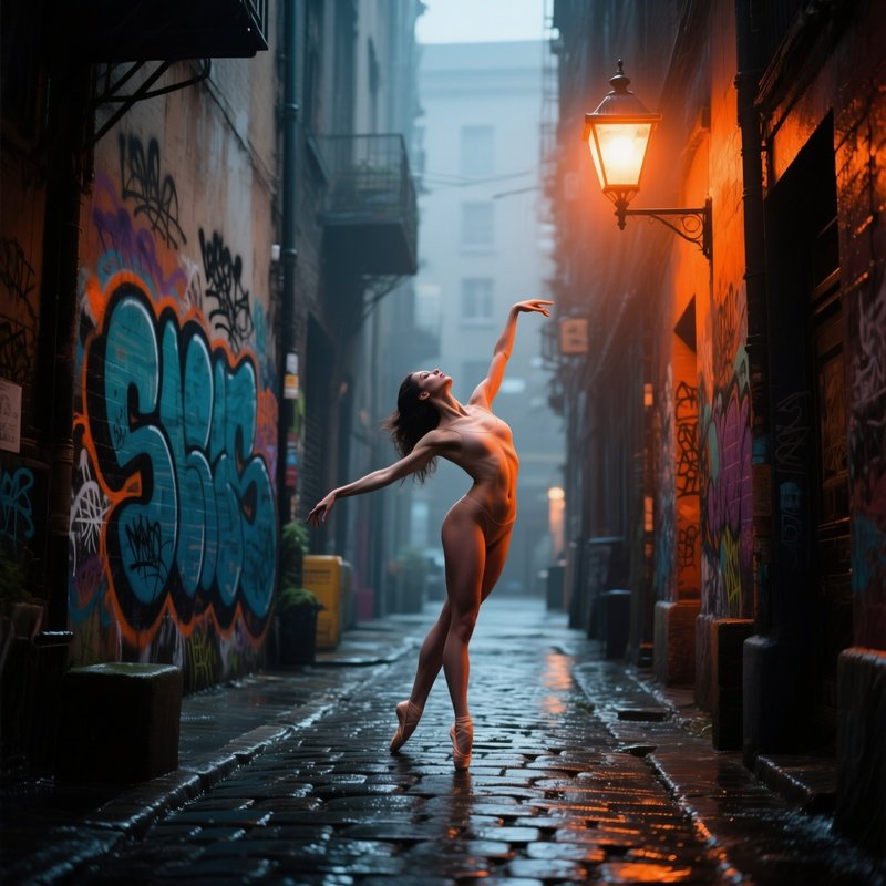 A Quiet Urban Alley With Graffiti Art, A Nude Dancer Performing Contemporary Moves, Streetlamp