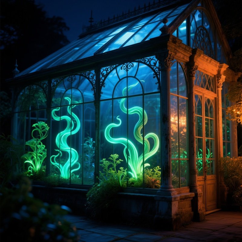 A Quiet Victorian Greenhouse At Night Bioluminescent Plants