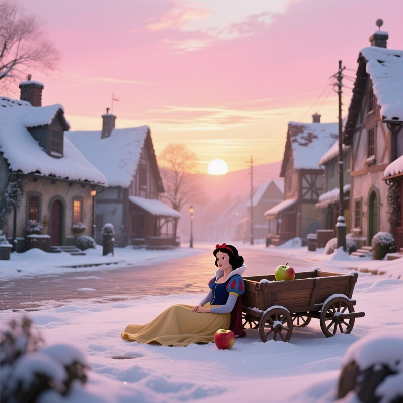A Quiet Village Square At Dawn With Snow Covering Rooftops, Snow White’S Apple Lying Beside A