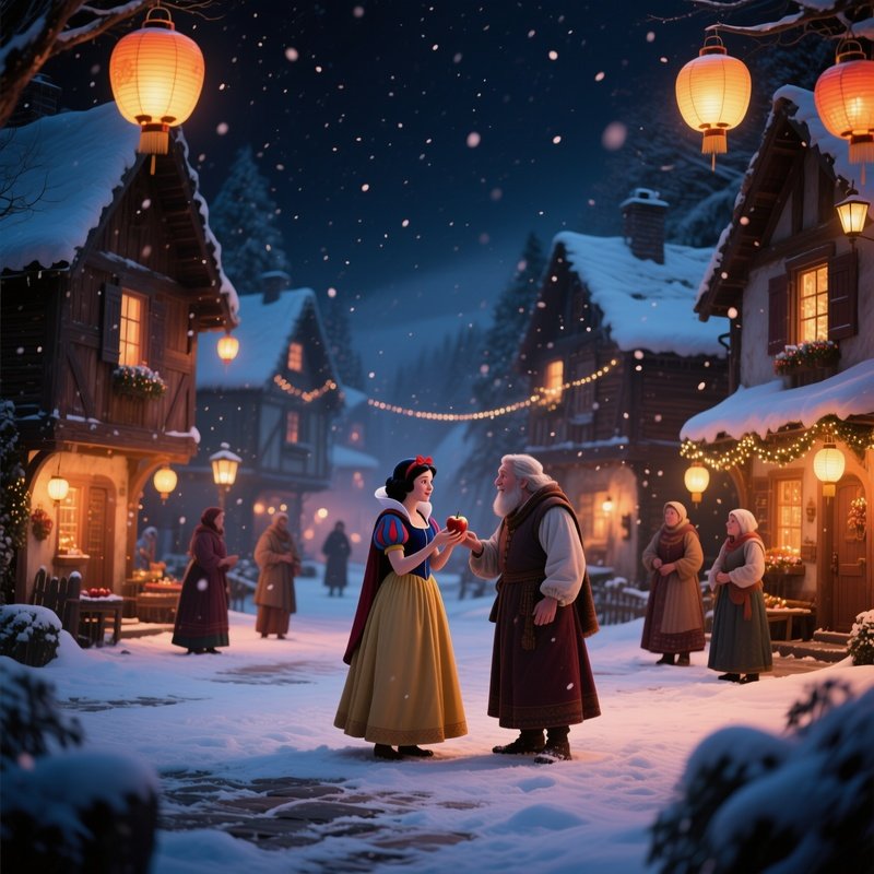 A Quiet Village Square At Night Illuminated By Festive Lanterns Where Snow White Shares An Apple