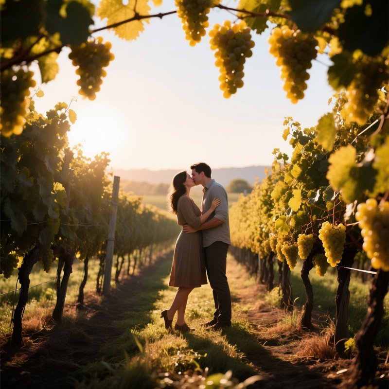 A Quiet Vineyard At Harvest Time, Golden Grapes Hanging Low As A Couple Shares A Kiss Among Rows Of