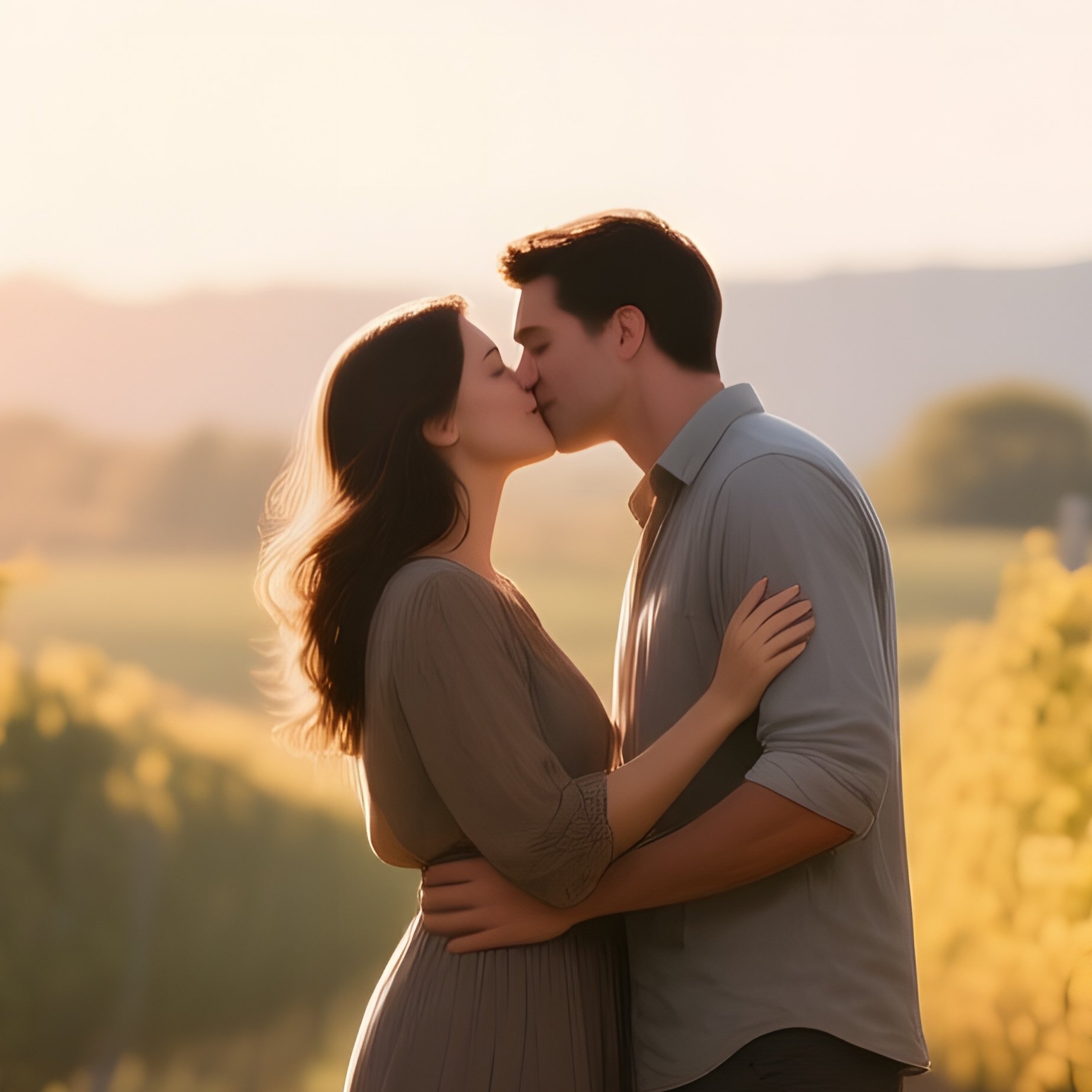 A Quiet Vineyard At Harvest Time, Golden Grapes Hanging Low As A Couple Shares A Kiss Among Rows Of - Full Resolution Quality Preview