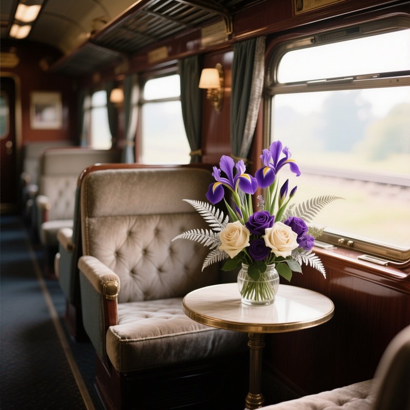 A Quiet Vintage Train Carriage Interior With Plush Seats, Where A Small Side Table Displays An