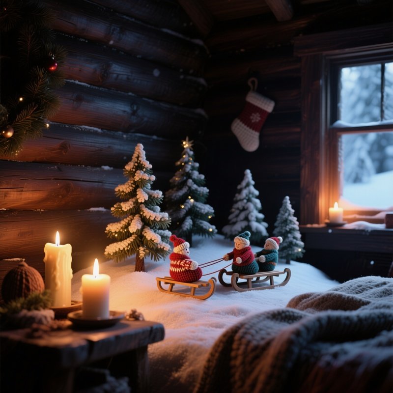 A Quiet Winter Cabin Interior Lit By Candlelight, Where A Hand‑Knitted Wool Christmas Scene