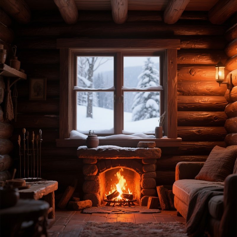 A Quiet Winter Cabin Interior With A Snow‑Covered Window View, Wooden Walls Modeled In Textured