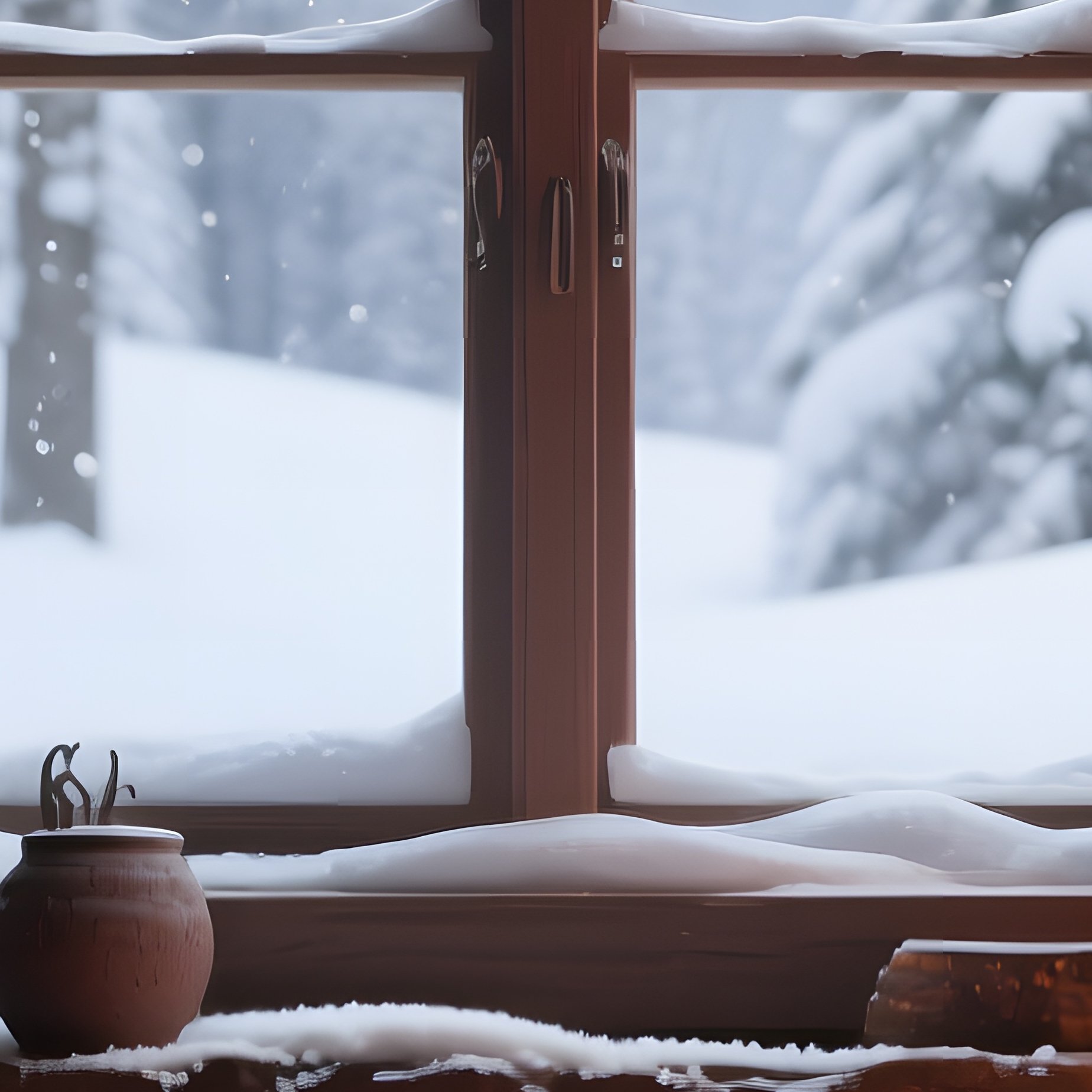 A Quiet Winter Cabin Interior With A Snow‑Covered Window View, Wooden Walls Modeled In Textured - Full Resolution Quality Preview