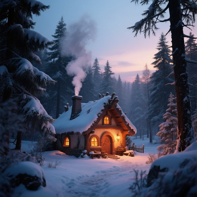 A Quiet Winter Forest At Twilight Where Snow White’S Cottage Emits Warm Amber Light, Smoke Rising