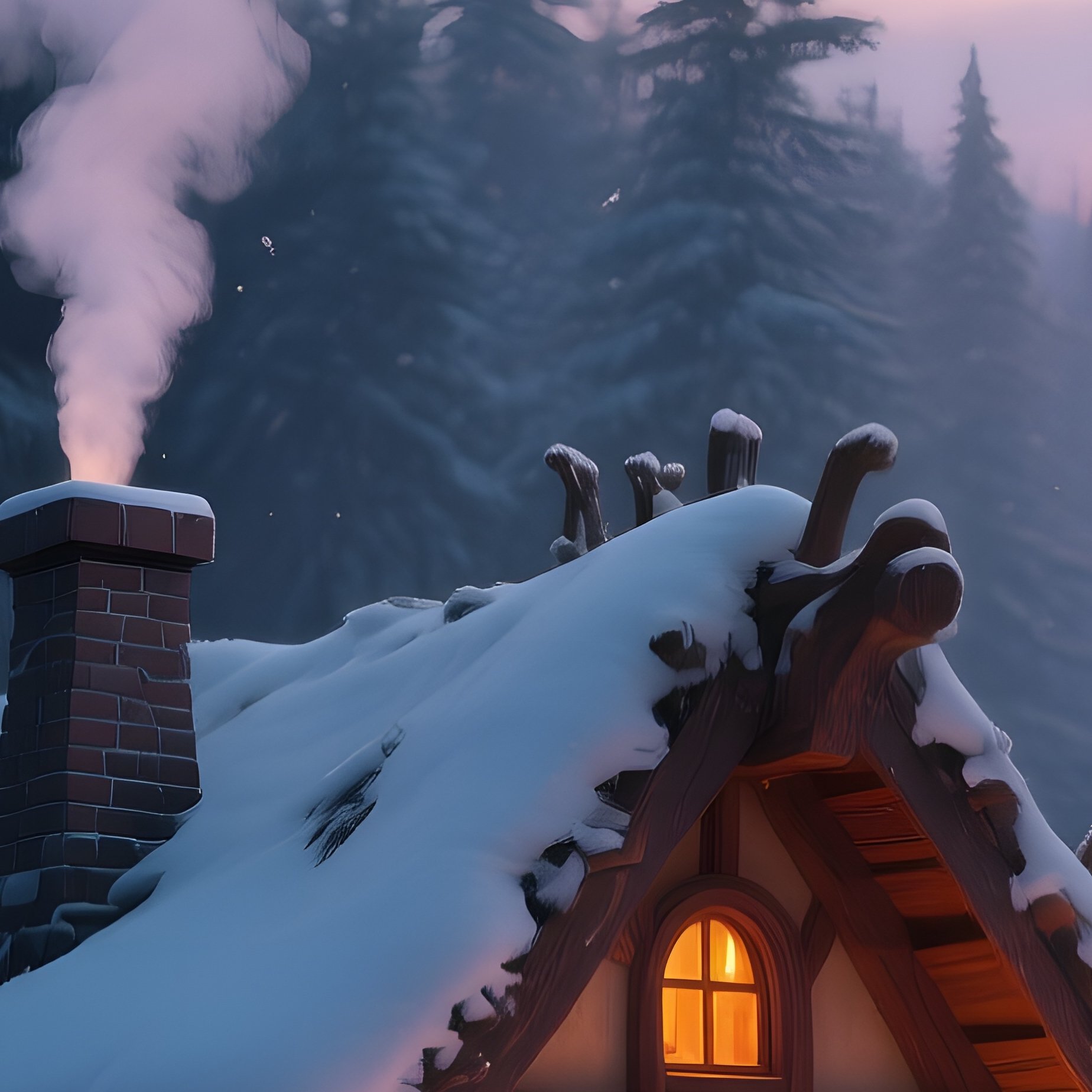 A Quiet Winter Forest At Twilight Where Snow White’S Cottage Emits Warm Amber Light, Smoke Rising - Full Resolution Quality Preview