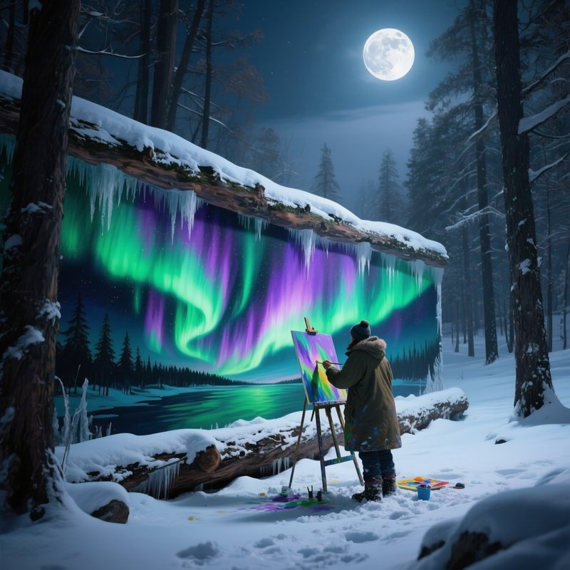 A Quiet Winter Forest Clearing Under Full Moon, Snow Crunching As An Artist Paints A Luminous