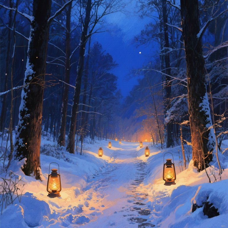 A Quiet Winter Forest Path Illuminated By Lanterns, Snow Crunching Underfoot, Watercolor Deep