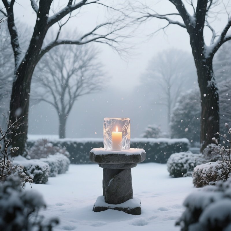 A Quiet Winter Garden Altar Beneath Bare Trees, Snow Gently Falling On A Stone Pedestal, A Candle