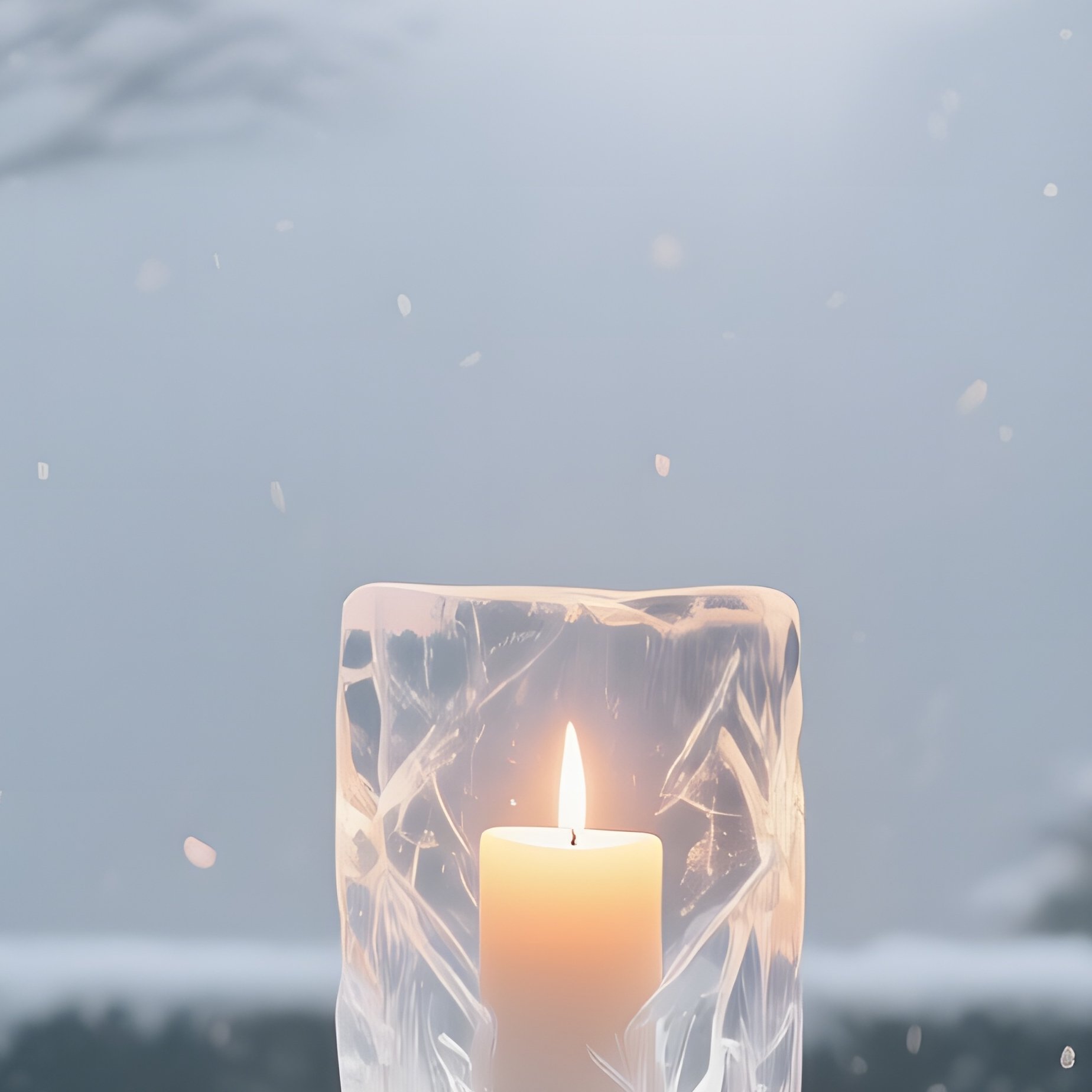 A Quiet Winter Garden Altar Beneath Bare Trees, Snow Gently Falling On A Stone Pedestal, A Candle - Full Resolution Quality Preview
