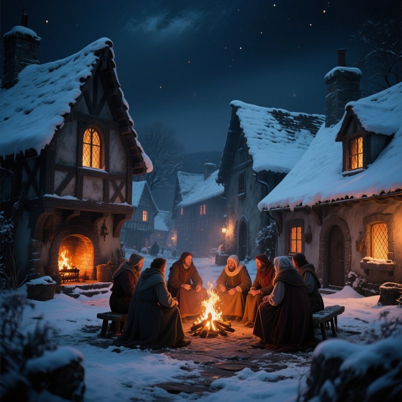 A Quiet Winter Night In A Medieval Village, Snow Covered Rooftops, Warm Glow From Hearths Visible