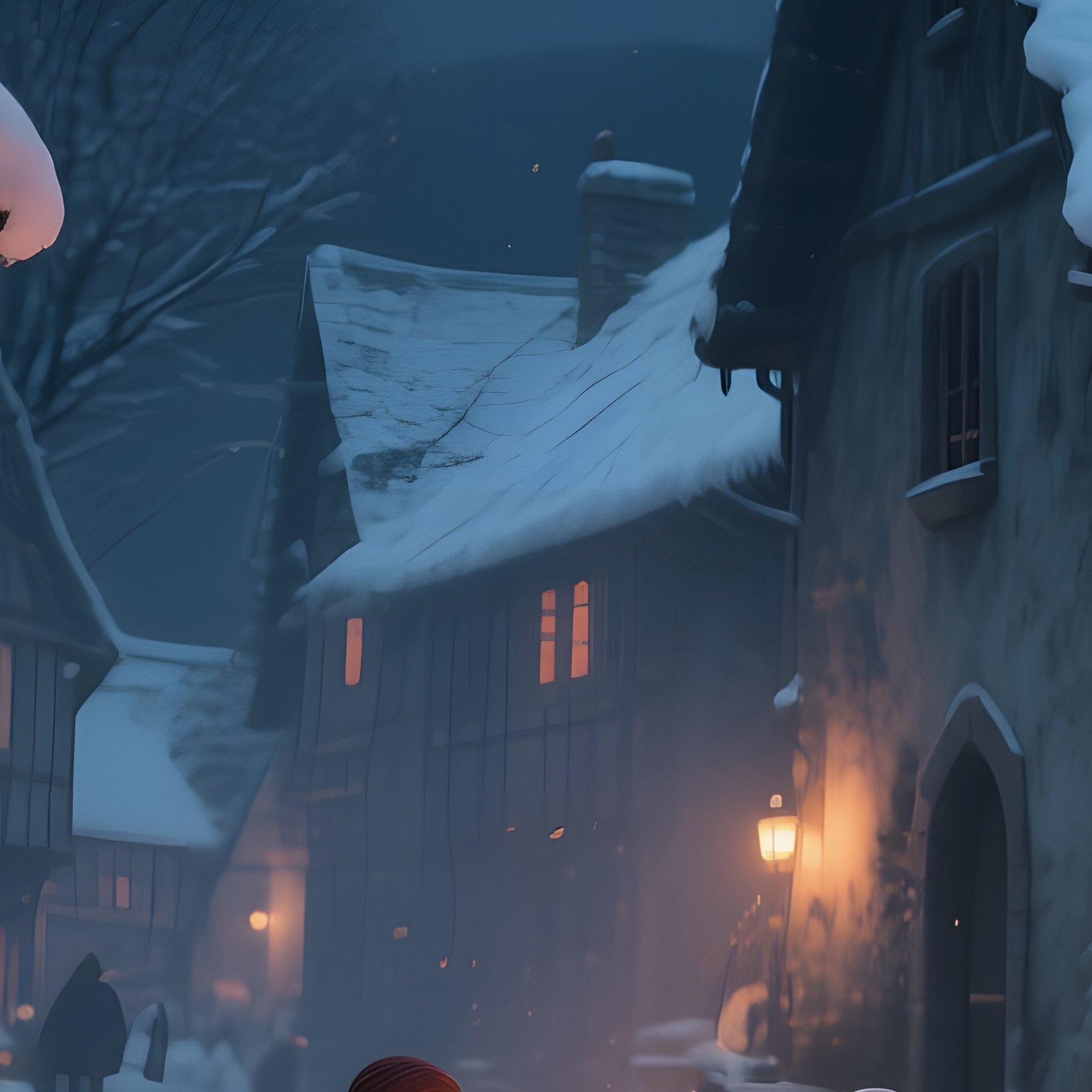 A Quiet Winter Night In A Medieval Village, Snow Covered Rooftops, Warm Glow From Hearths Visible - Full Resolution Quality Preview