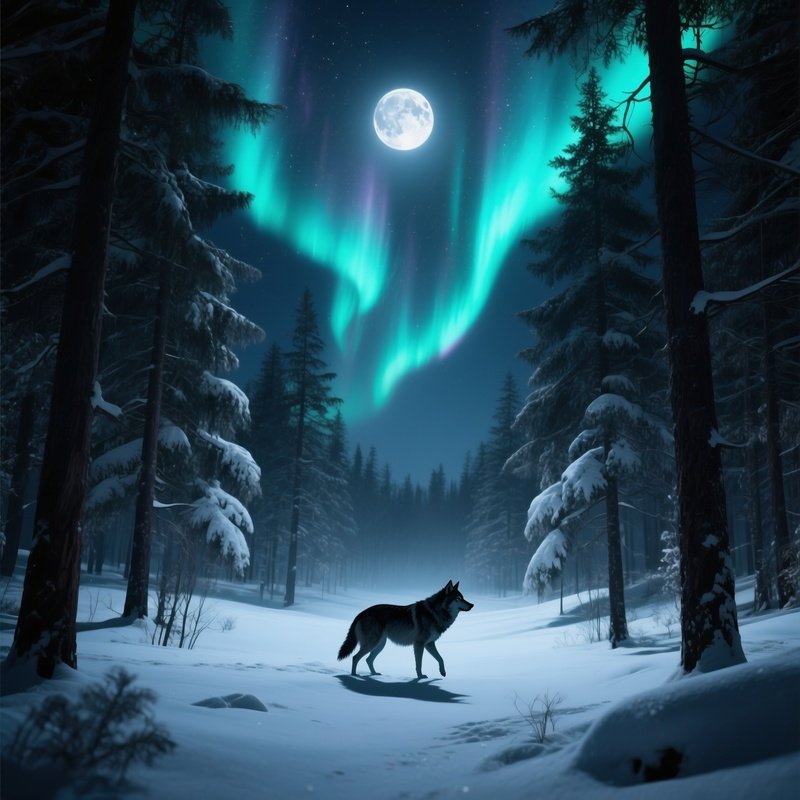 A Quiet Winter Night In A Pine Forest, Moonlight Silvering The Snow, Northern Lights Dancing