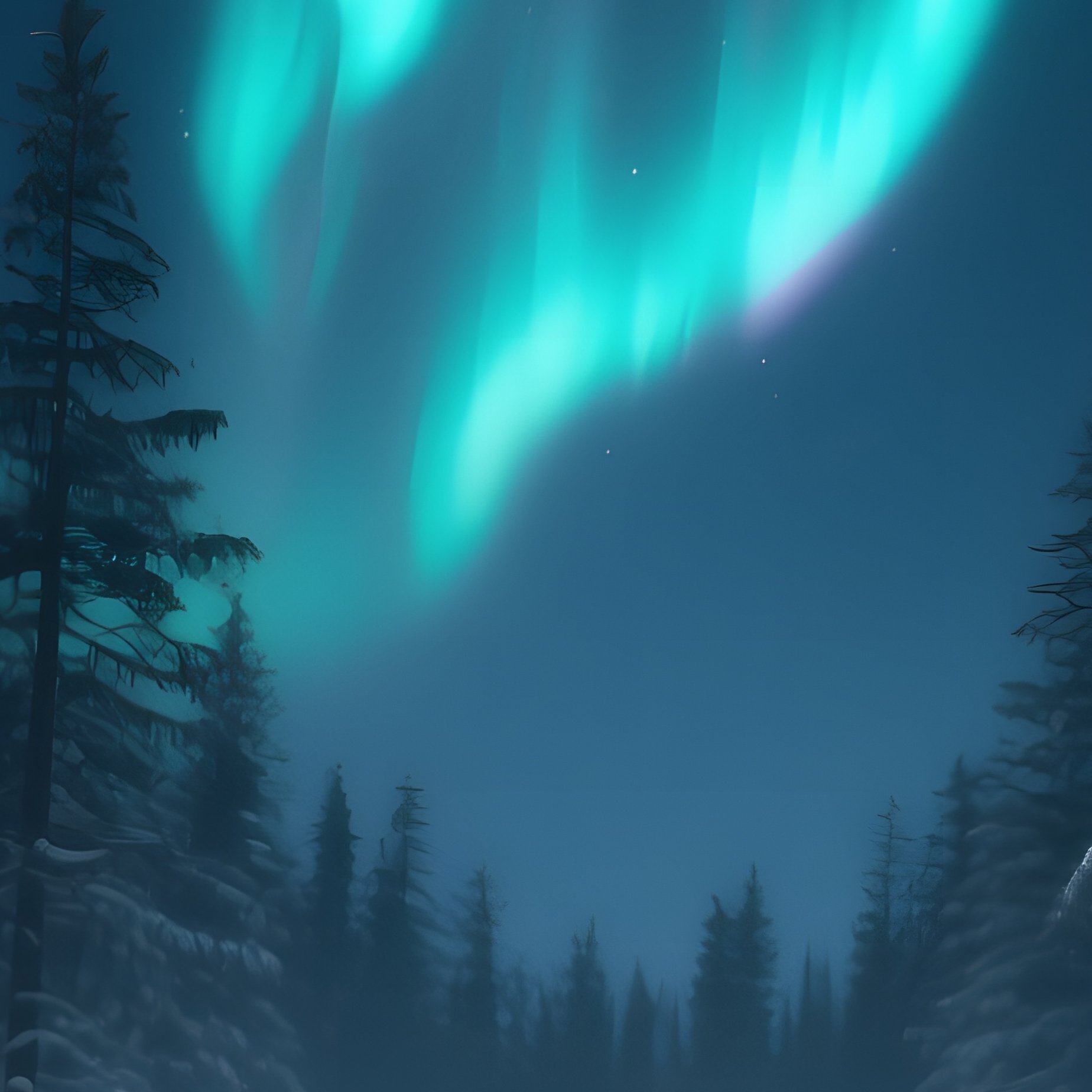 A Quiet Winter Night In A Pine Forest, Moonlight Silvering The Snow, Northern Lights Dancing - Full Resolution Quality Preview