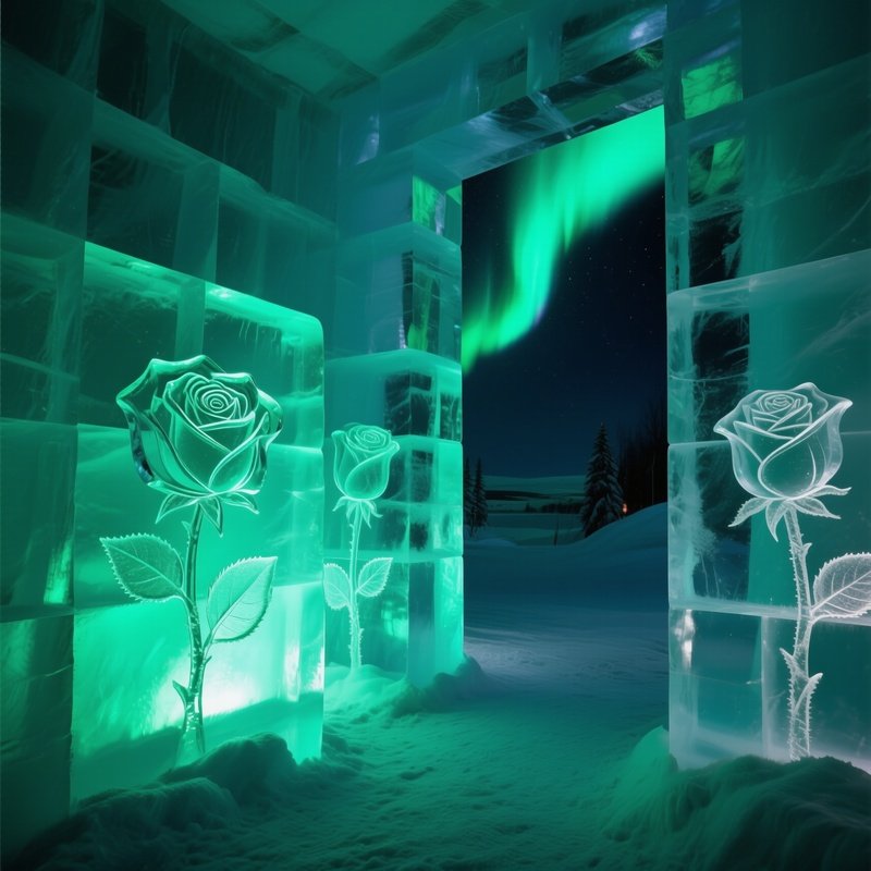 A Quiet Winter Night Inside An Ice Hotel, Walls Of Clear Ice Etched With Frosted Glass Roses That