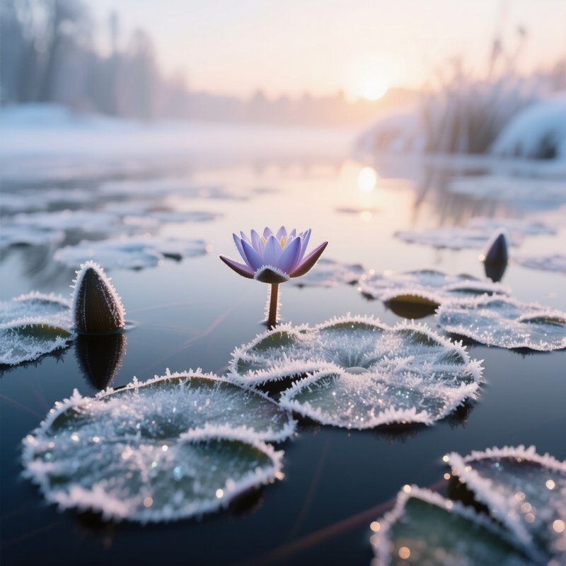 A Quiet Winter Scene Where Frozen Water Lily Leaves Are Covered With Delicate Frost Crystals, Soft