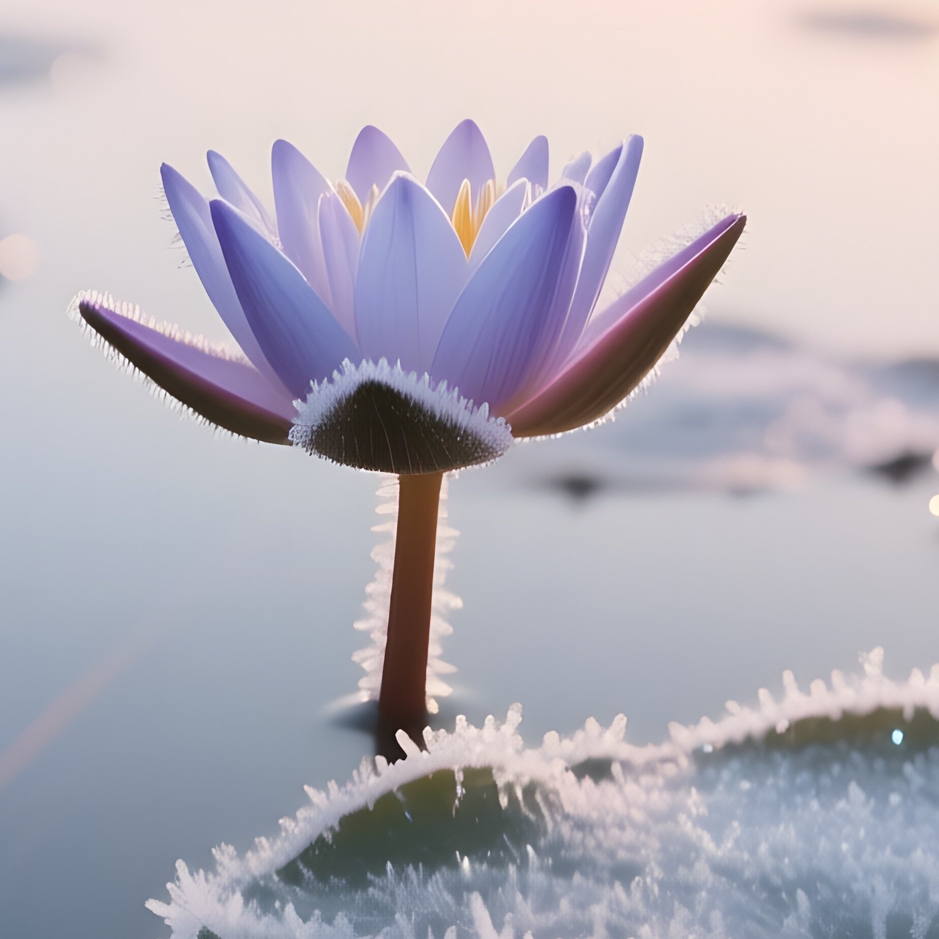 A Quiet Winter Scene Where Frozen Water Lily Leaves Are Covered With Delicate Frost Crystals, Soft - Full Resolution Quality Preview