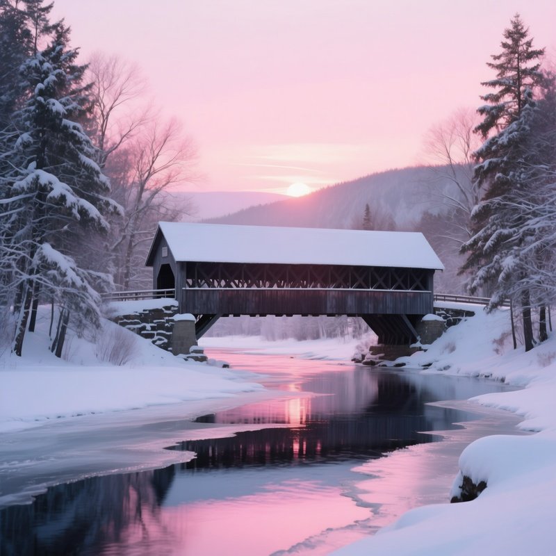 A Quiet Winter Sunrise Over A Historic Covered Bridge In Vermont, Snow‑Capped Trees Framing The
