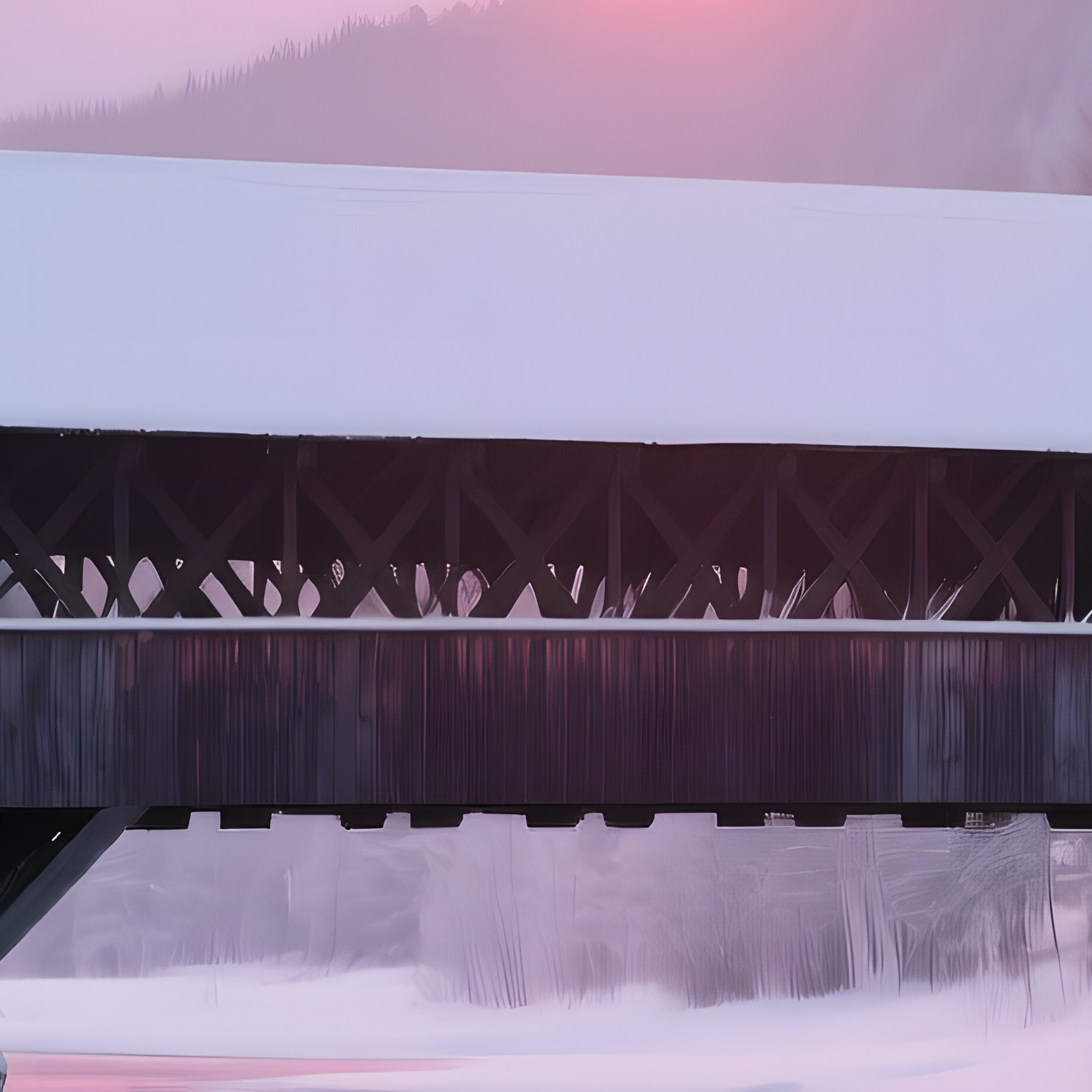 A Quiet Winter Sunrise Over A Historic Covered Bridge In Vermont, Snow‑Capped Trees Framing The - Full Resolution Quality Preview
