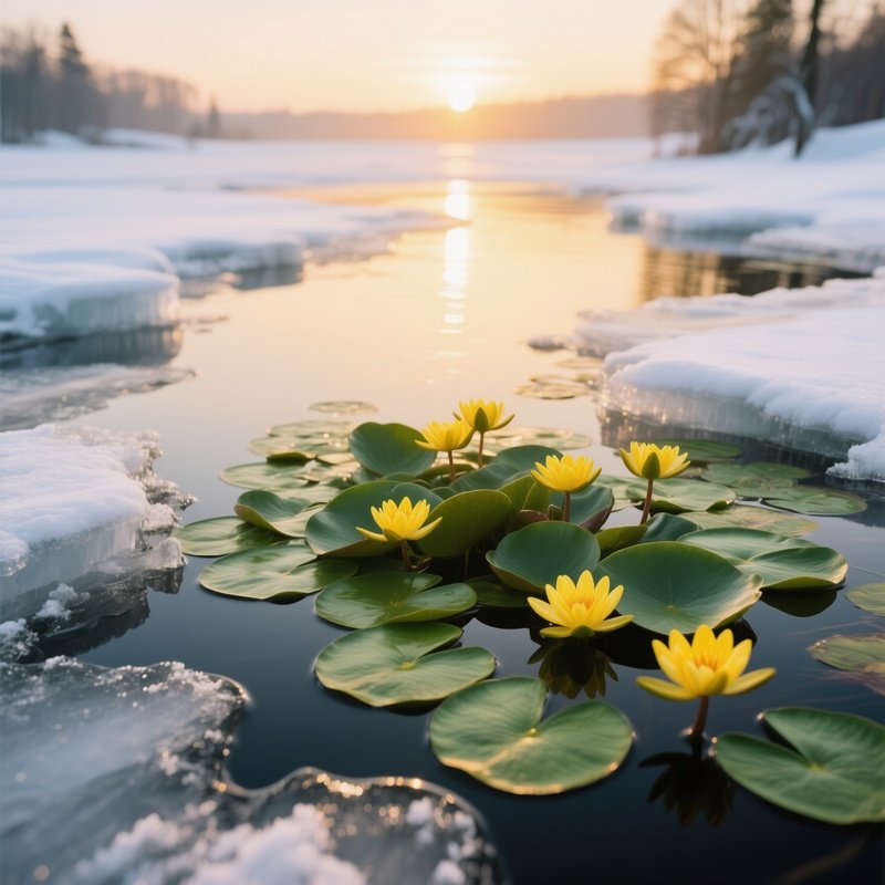 A Quiet Winter Thaw Scene Where Melting Ice Reveals Clusters Of Green Lily Pads And Bright Yellow