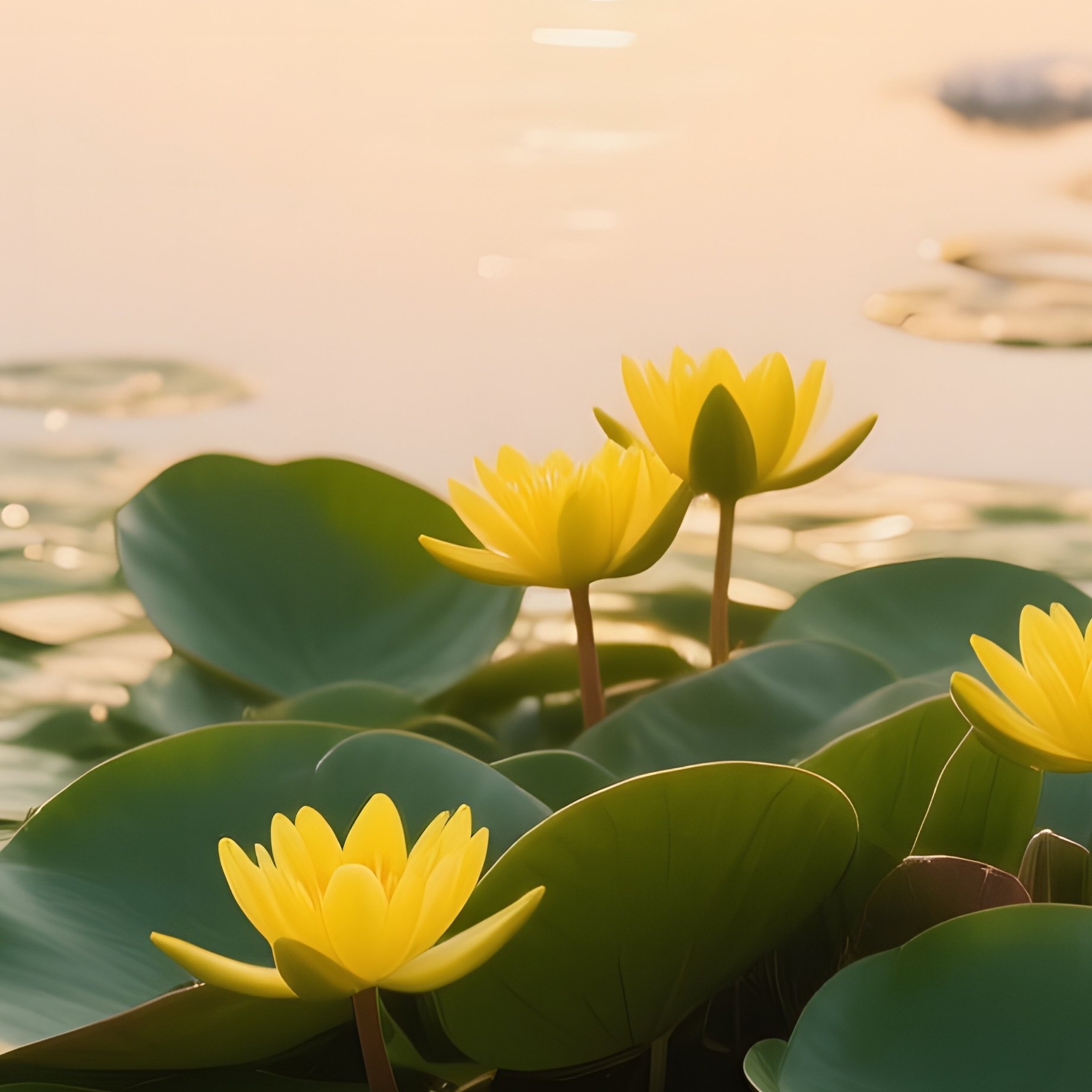 A Quiet Winter Thaw Scene Where Melting Ice Reveals Clusters Of Green Lily Pads And Bright Yellow - Full Resolution Quality Preview