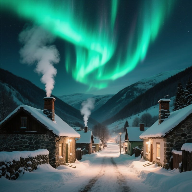 A Quiet Winter Village Nestled In A Valley, Smoke Curling From Stone Chimneys, Streets Dusted With