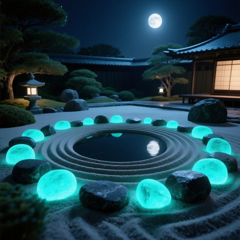 A Quiet Zen Garden At Night, Sand Raked Into Perfect Circles Around Glowing Basalt Stones That Emit