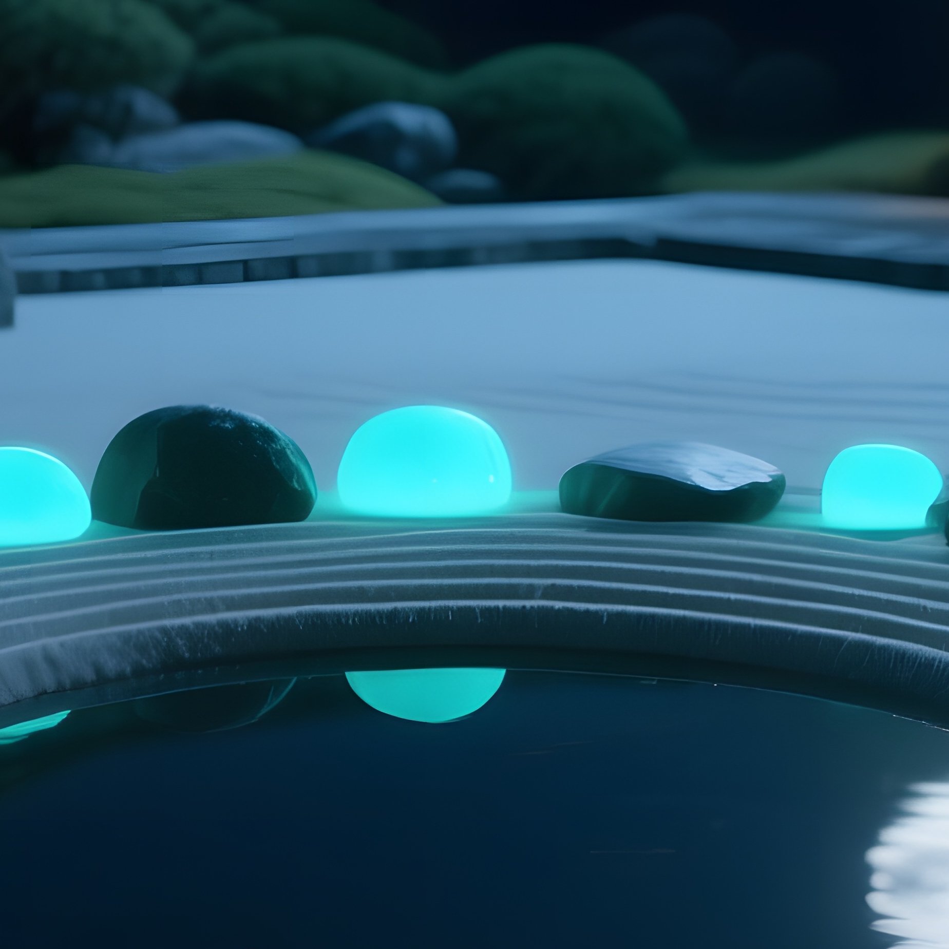 A Quiet Zen Garden At Night, Sand Raked Into Perfect Circles Around Glowing Basalt Stones That Emit - Full Resolution Quality Preview