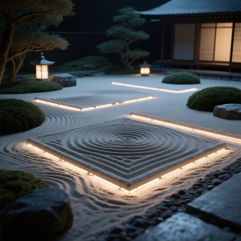 A Quiet Zen Garden With Sand Patterns Forming Minimalist Geometric Designs, Subtle Led Lights